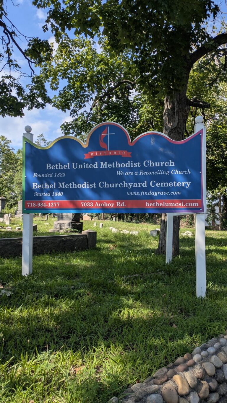 Sign for Bethel United Methodist Church and its churchyard on Amboy Road in Tottenville