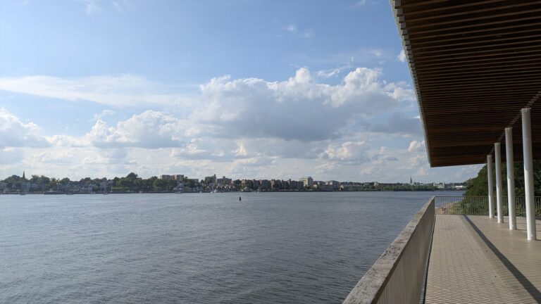 Timber pavilion on the Tottenville boardwalk looking across Raritan Bay