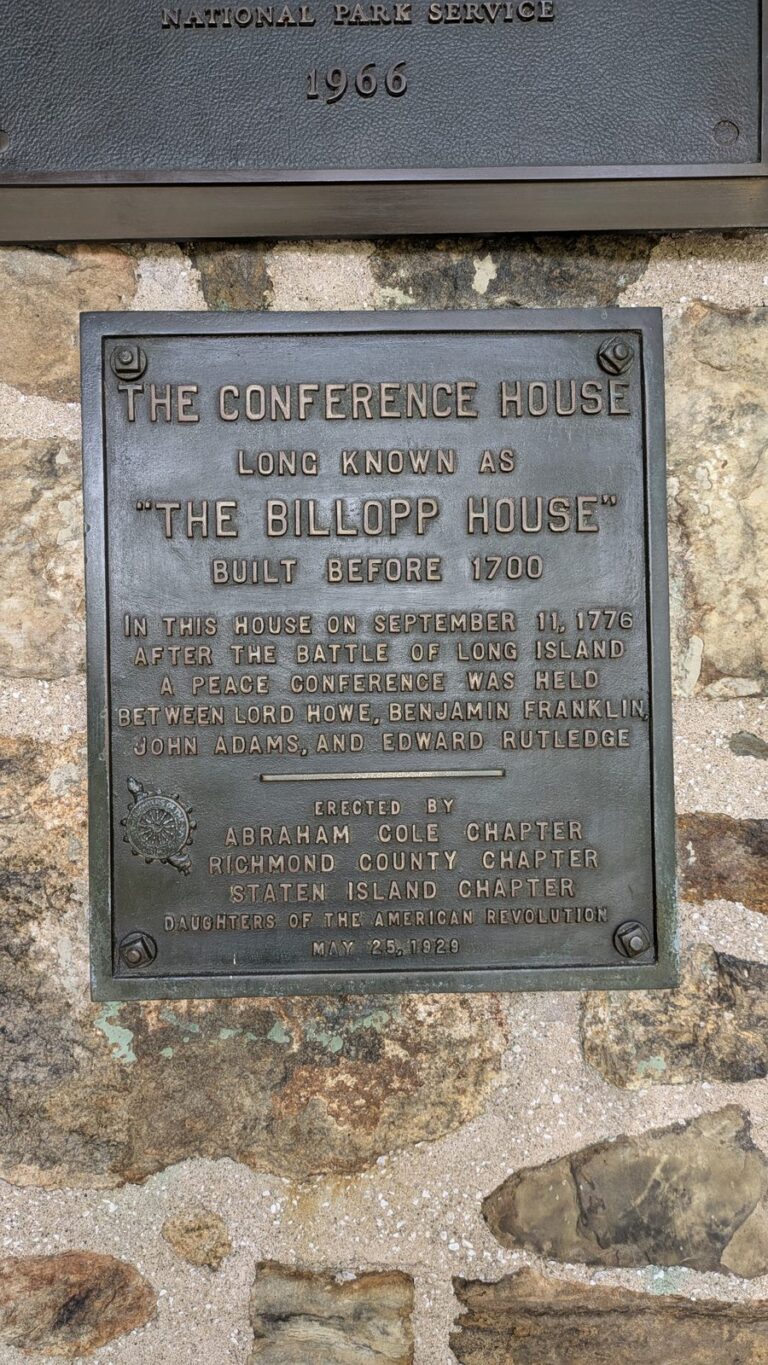 Bronze plaque naming the Conference House, long known as the Billopp House