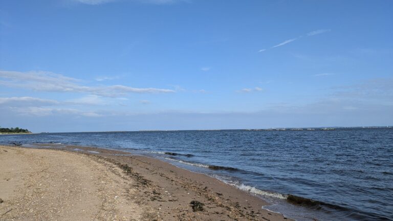 The sand curving away along the Tottenville shoreline